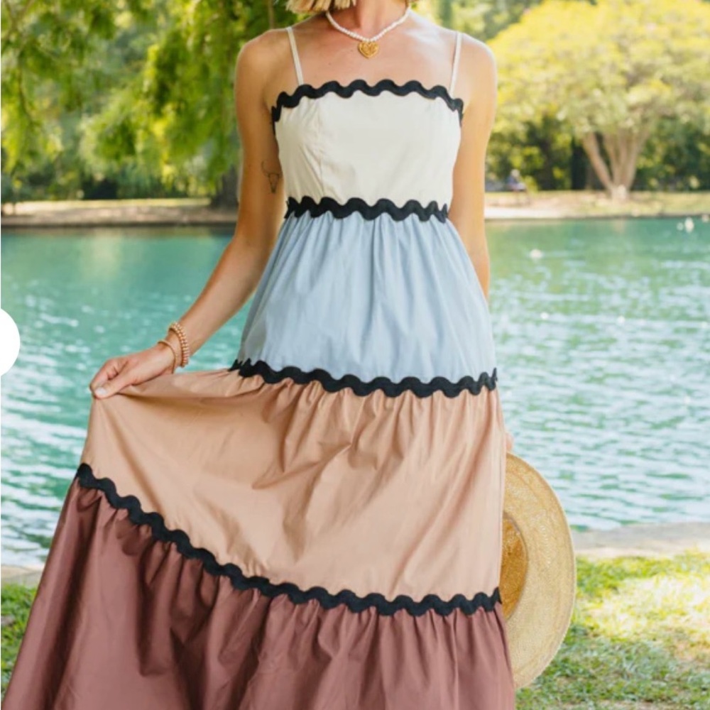 Vestique Cream, Blue, and Brown Maxi Dress